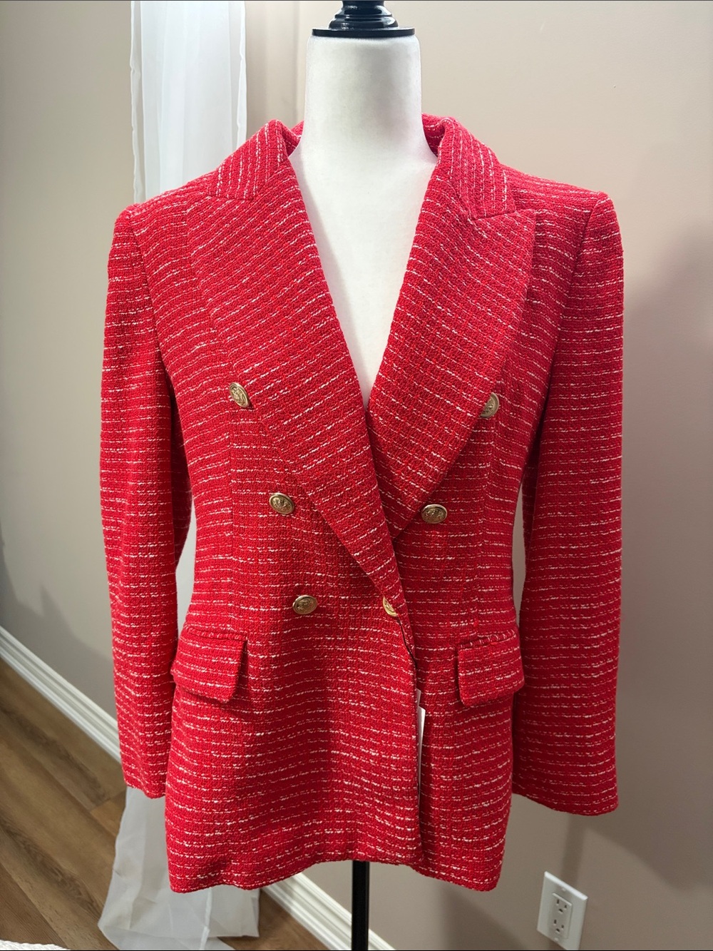 Zara Red Tweed Double-Breasted Blazer with Gold Buttons